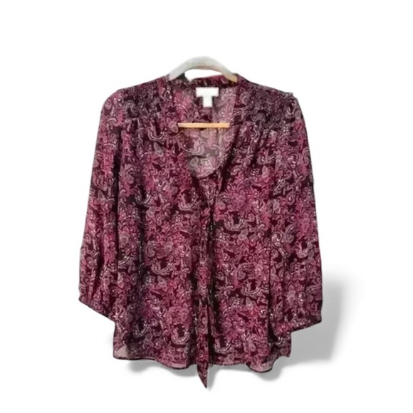 Ann Taylor Loft Sheer Work‎ Blouse w/ Tie Closure Black/Purple/Grey Women's Sm - Picture 1 of 3